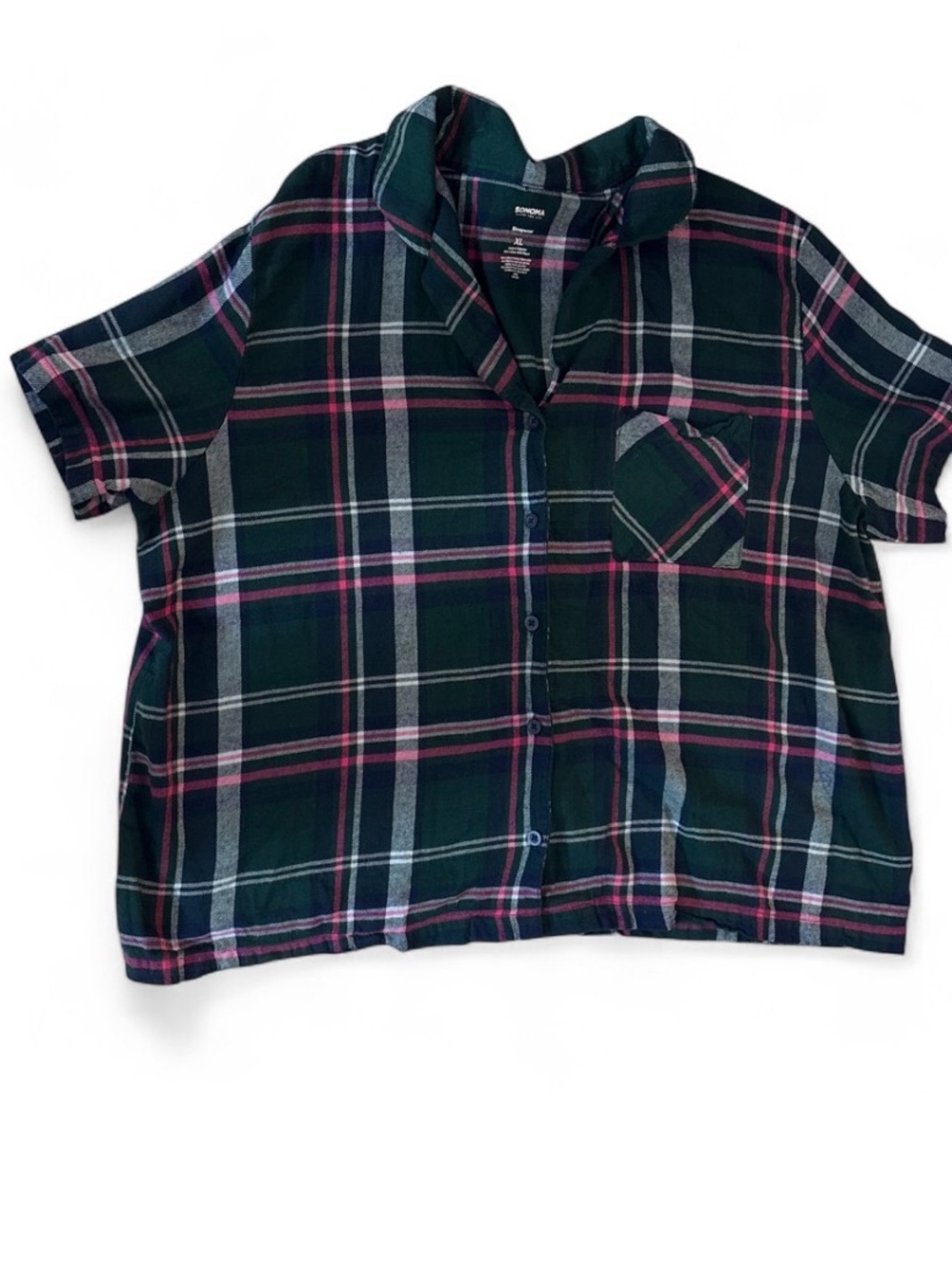 Sonoma Green Plaid Short Sleeve Button-Up Pajama Top